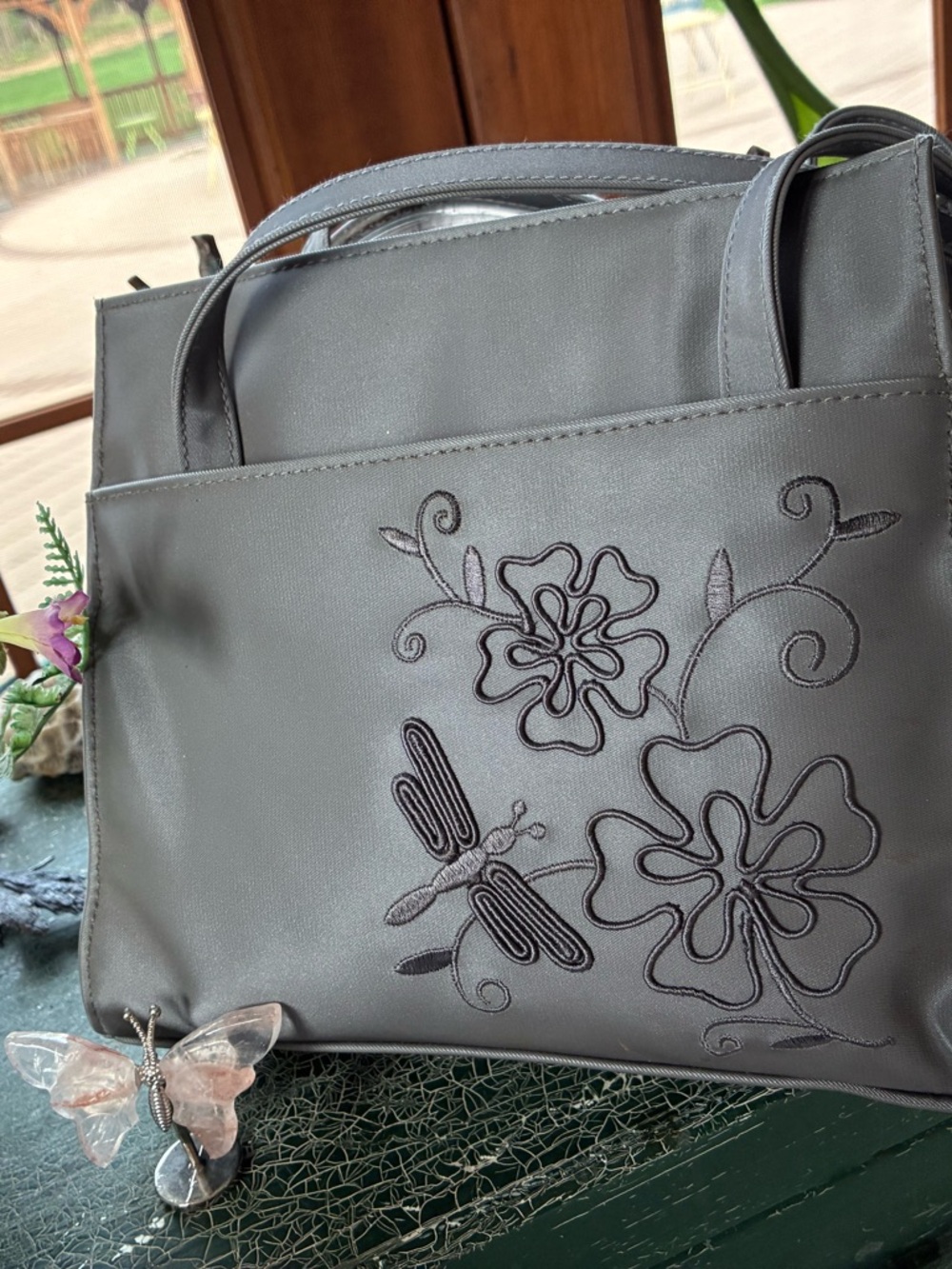 Floral Embroidered Gray Tote Bag with Top Handles